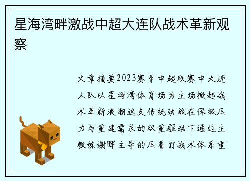 星海湾畔激战中超大连队战术革新观察