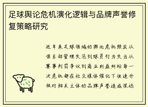 足球舆论危机演化逻辑与品牌声誉修复策略研究